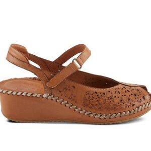 Spring Step Santonio Camel Color Leather Wedge Peep Toe Sandal Size 39/8.5